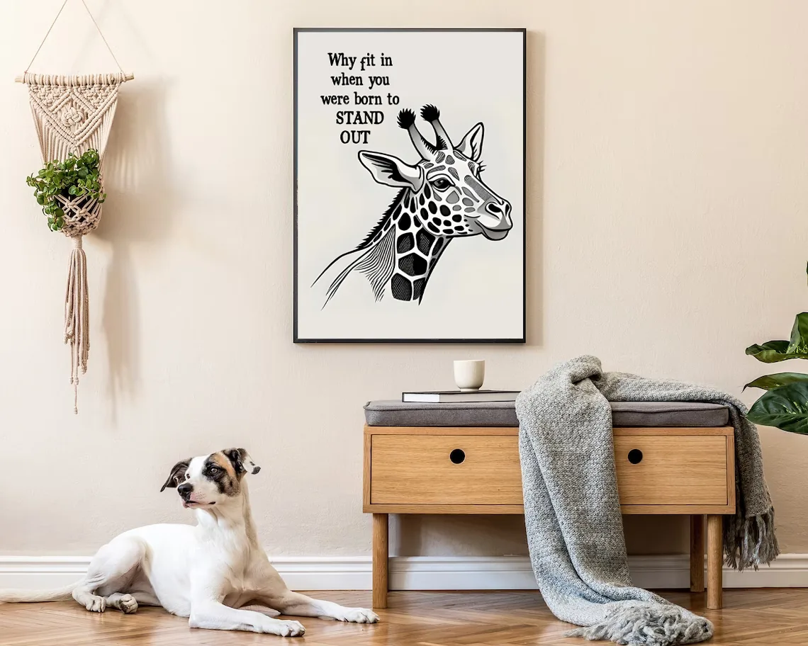 Giraffe line-art wall print in a living room