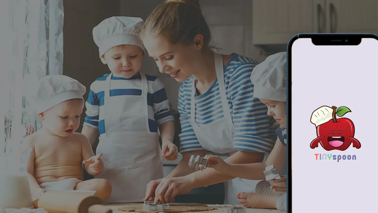 TinySpoon app shown on phone with lifestyle photo